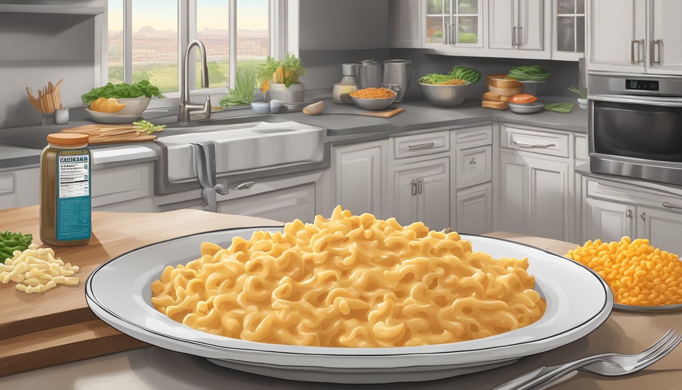 A steaming Banquet Mega Bowl of buffalo style chicken mac n cheese sits on a kitchen counter, surrounded by scattered ingredients and a nutrition label