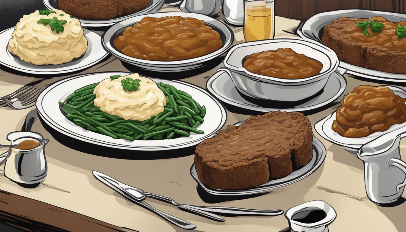 A steaming meatloaf meal on a banquet table with mashed potatoes, green beans, and gravy