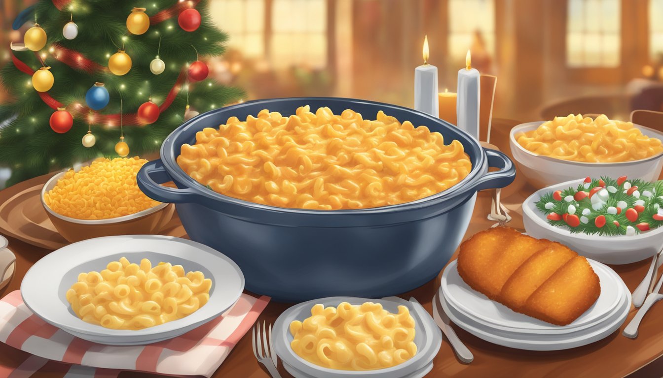 A steaming bowl of buffalo style chicken mac n cheese on a banquet table, surrounded by festive decorations and serving utensils