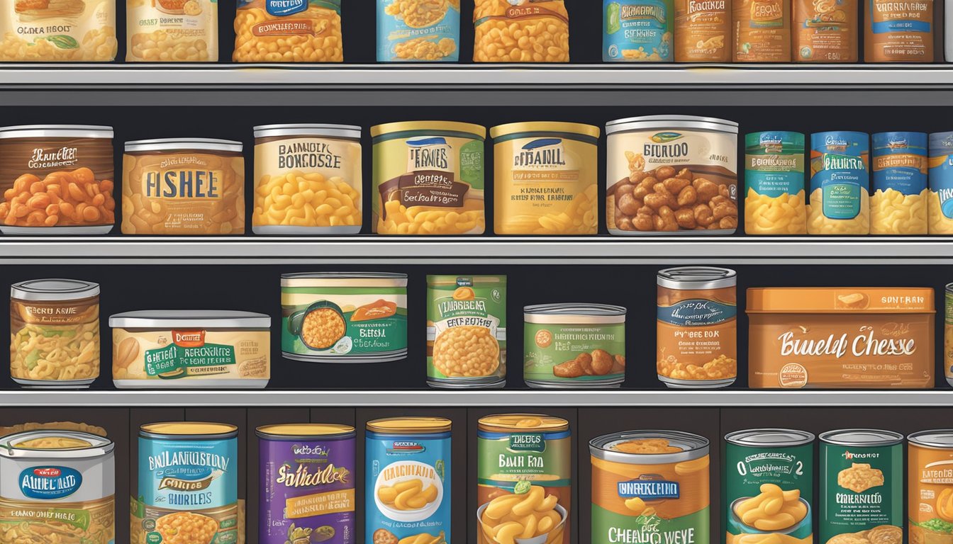 A pantry shelf with a variety of canned and packaged foods, including a Banquet Mega Bowls Buffalo Style Chicken Mac n Cheese, with a "best by" date clearly visible