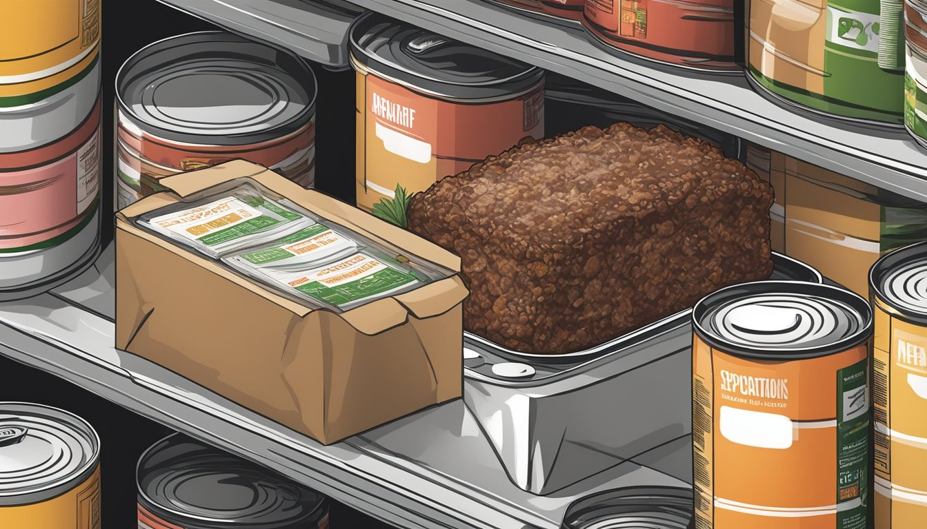 A packaged meatloaf meal sits on a shelf, surrounded by other canned and boxed goods. The expiration date is visible on the packaging