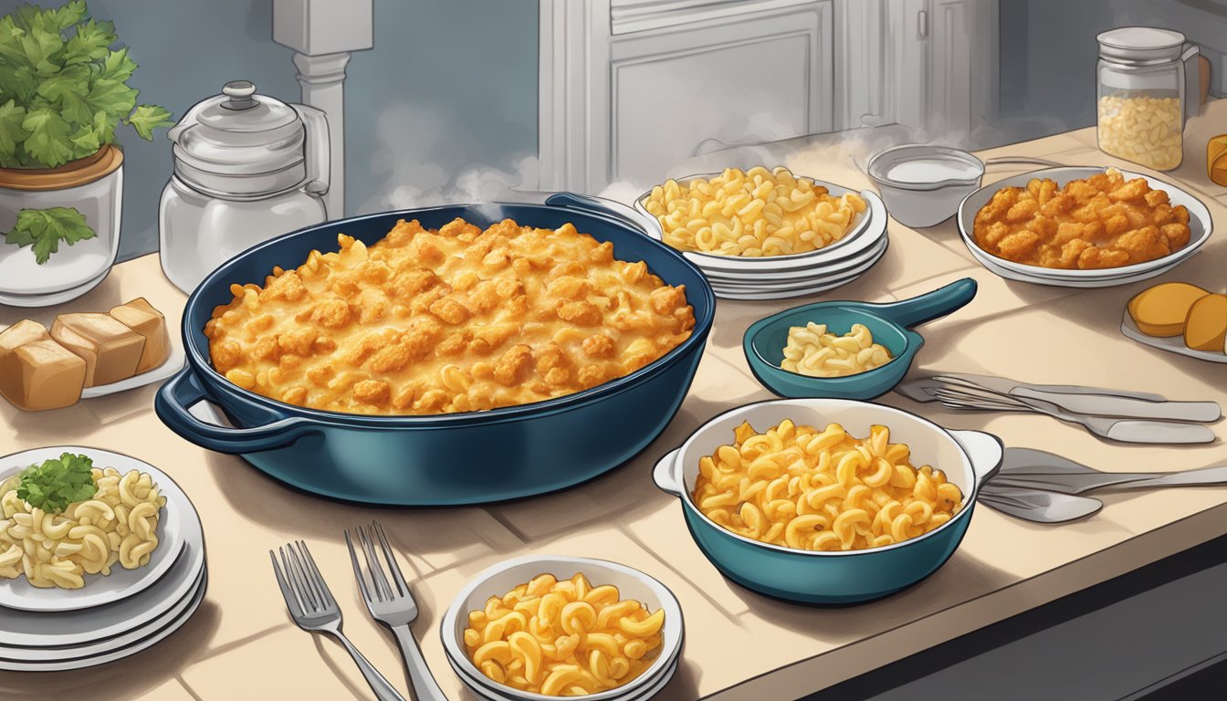 A steaming Banquet Mega Bowl of Buffalo Style Chicken Mac n Cheese sits on a kitchen counter, surrounded by empty plates and utensils