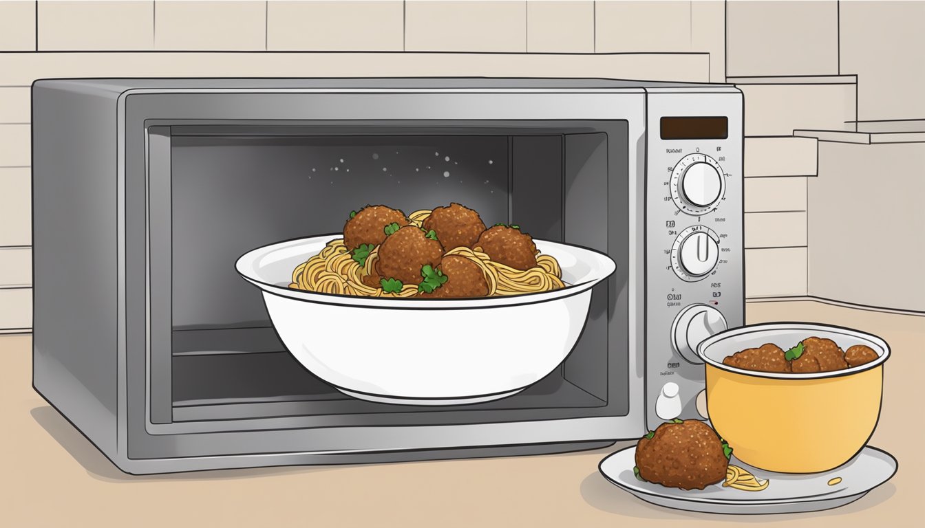 A plate of spaghetti and meatballs sits in a microwave, with the timer set for reheating. The steam rises from the food as it warms up