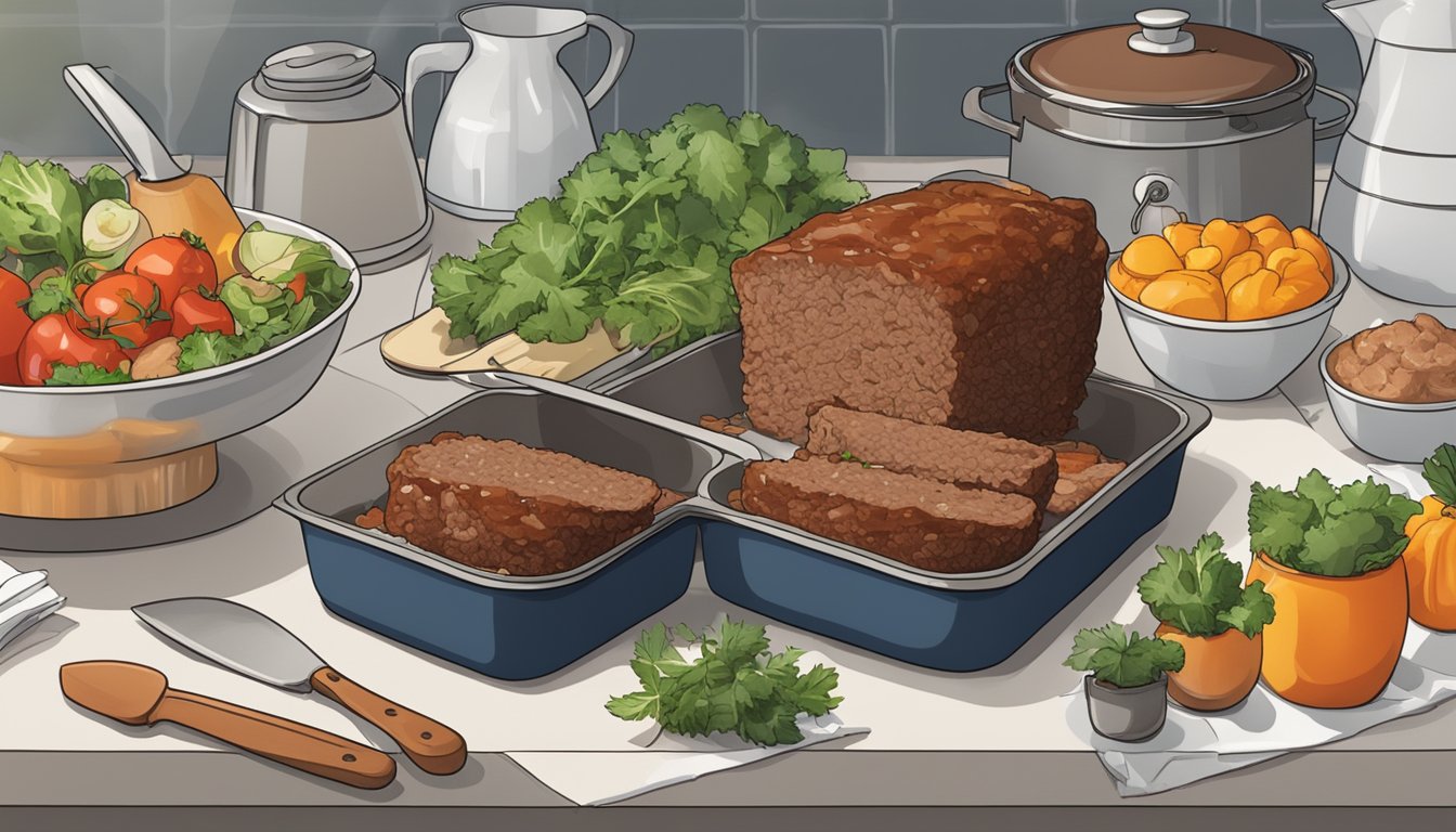 A meatloaf meal sits on a table with a steaming pot and fresh ingredients nearby. A timer ticks in the background