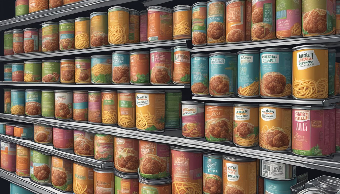 A sealed container of banquet spaghetti meatballs sits on a shelf, surrounded by other canned goods. The expiration date is visible on the label