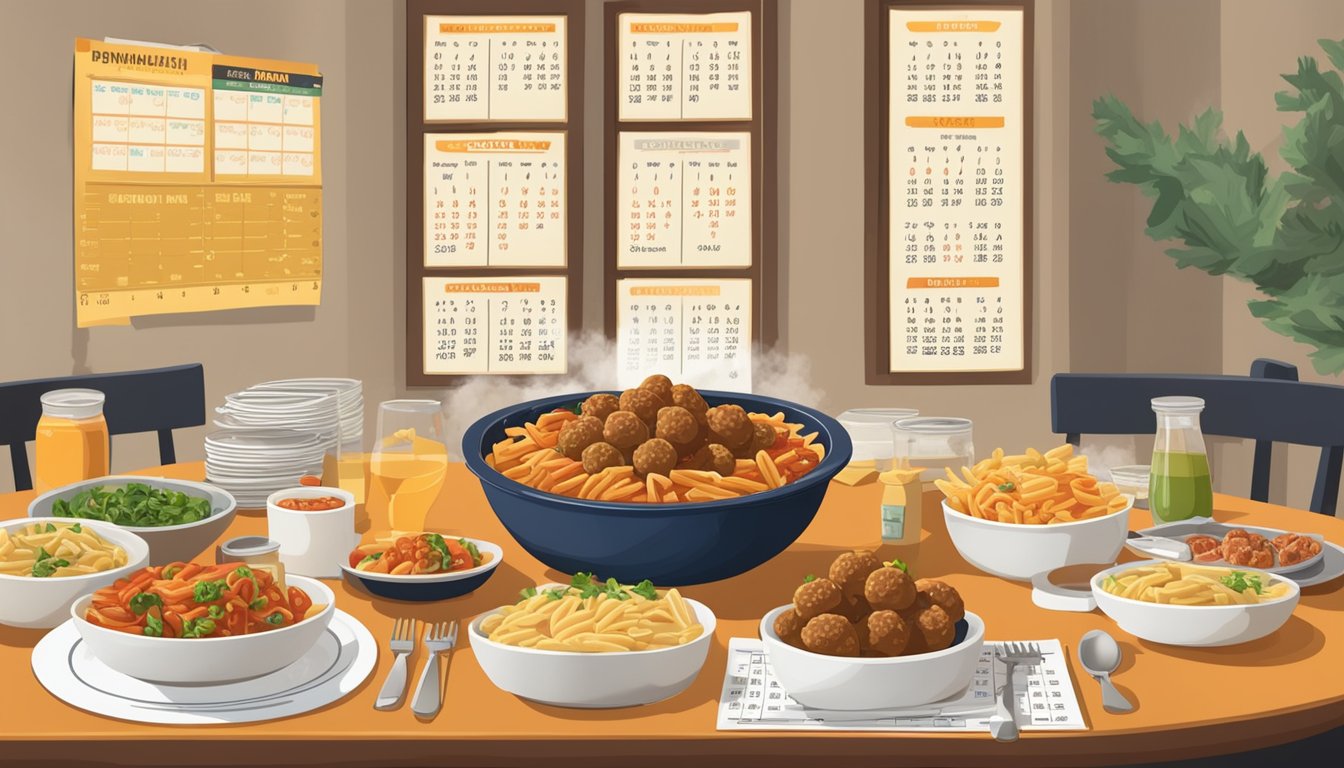 A steaming Banquet Mega Bowl of dynamite penne and meatballs sits on a dinner table, surrounded by scattered nutrition labels and a calendar marking the expiration date