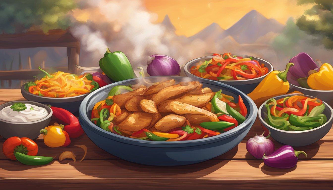 A steaming Banquet Mega Bowls Chicken Fajita sits on a rustic wooden table, surrounded by colorful peppers and onions, with a hint of sizzling spices in the air