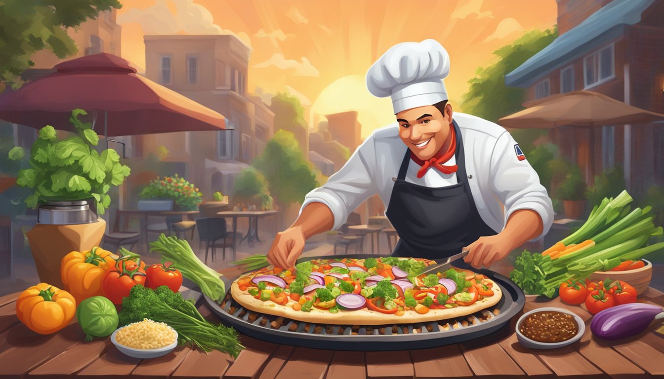 A chef sprinkles fresh herbs on a sizzling BBQ chicken flatbread, surrounded by vibrant vegetables and quality ingredients