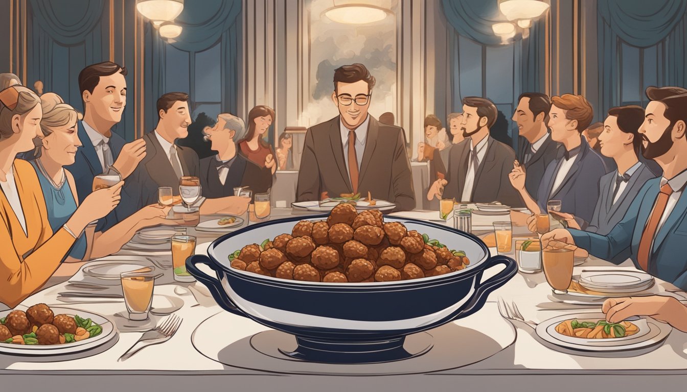 A steaming bowl of dynamite penne and meatballs sits on a banquet table, surrounded by empty plates and satisfied diners