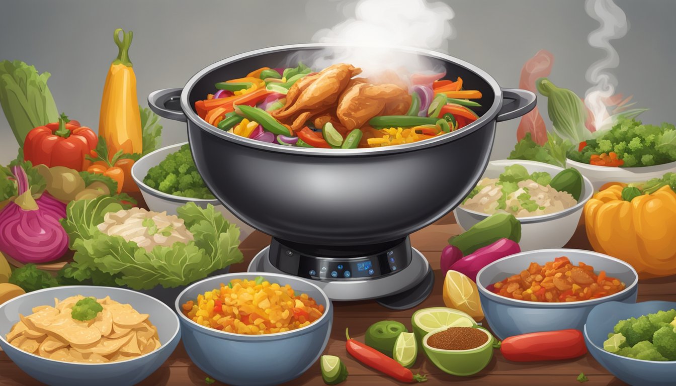 A steaming Banquet Mega Bowls Chicken Fajita sits on a kitchen table, surrounded by colorful vegetables and spices