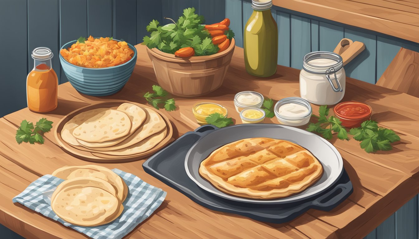 A rustic kitchen table with a homemade flatbread on a wooden cutting board next to a store-bought flatbread in its packaging. A bowl of BBQ chicken and fresh ingredients scattered around