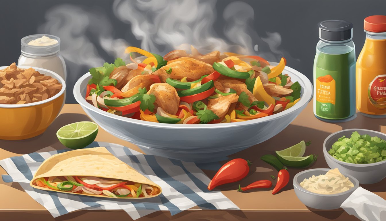 A steaming Banquet Mega Bowls Chicken Fajita sits on a kitchen counter, surrounded by scattered ingredients and a half-opened package