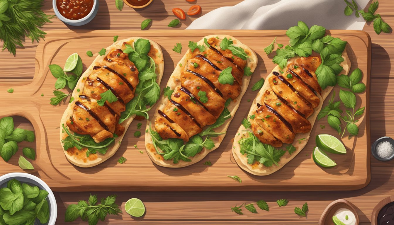 A sizzling BBQ chicken flatbread on a wooden cutting board, surrounded by fresh herbs, spices, and a drizzle of tangy barbecue sauce