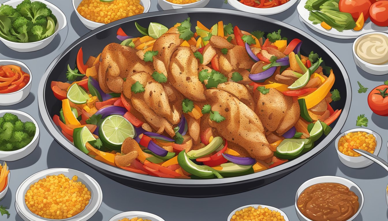 A sizzling chicken fajita being prepared in a large banquet mega bowl, surrounded by colorful vegetables and seasonings