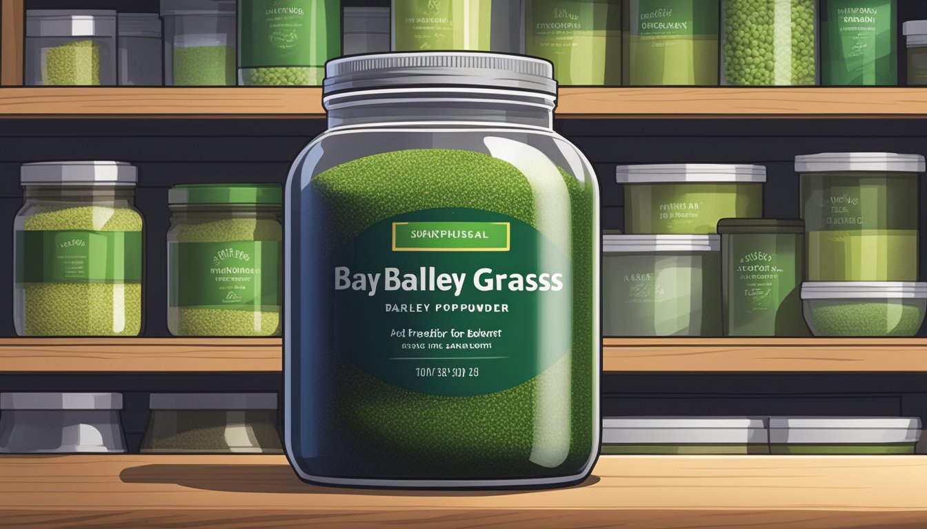 A sealed jar of barley grass powder sits on a shelf in a cool, dark pantry, away from direct sunlight and moisture, with a label indicating the date of purchase