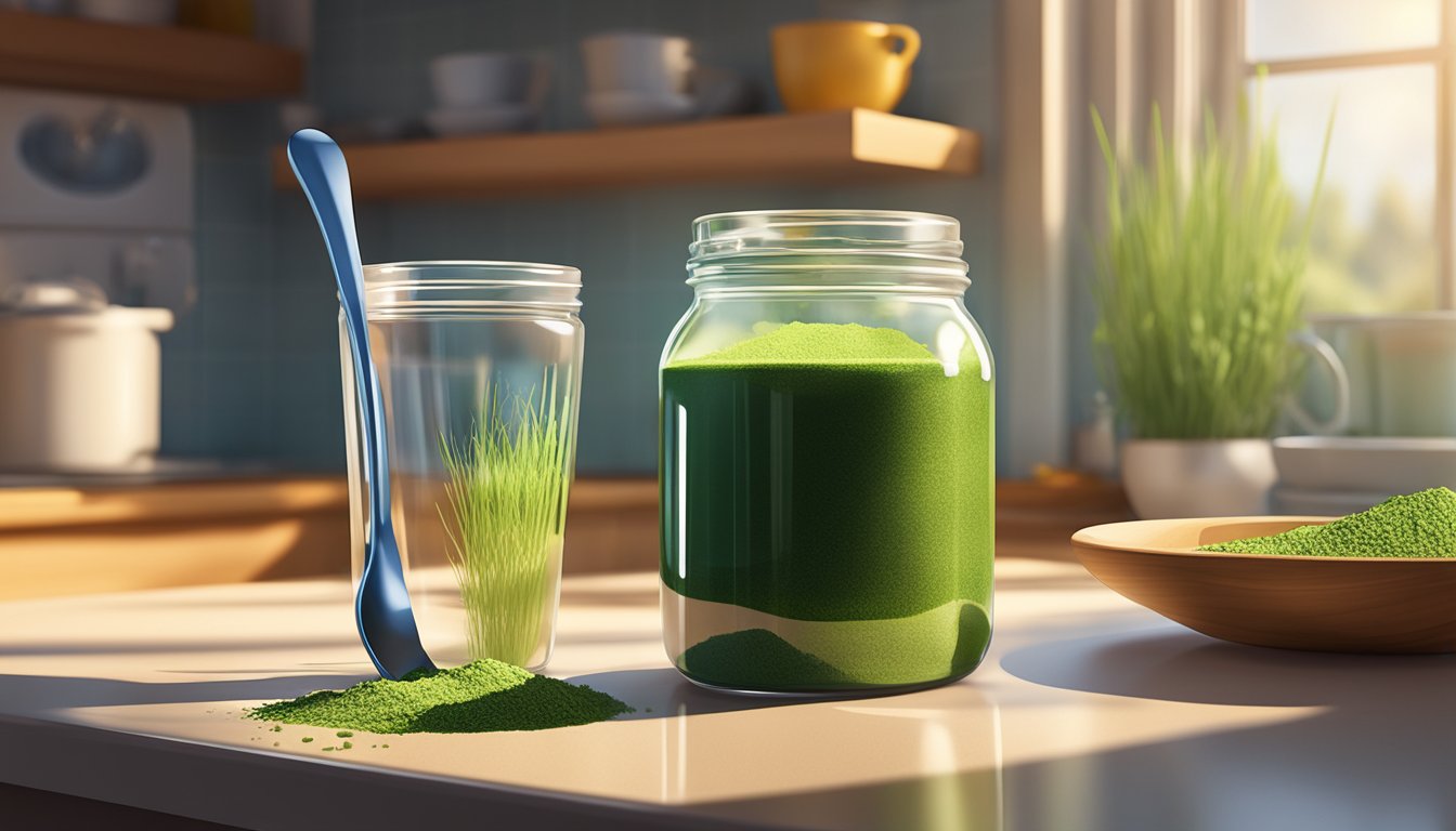 A jar of barley grass powder sits on a kitchen counter next to a measuring spoon and a glass of water. The sunlight streams in through the window, casting a warm glow on the scene