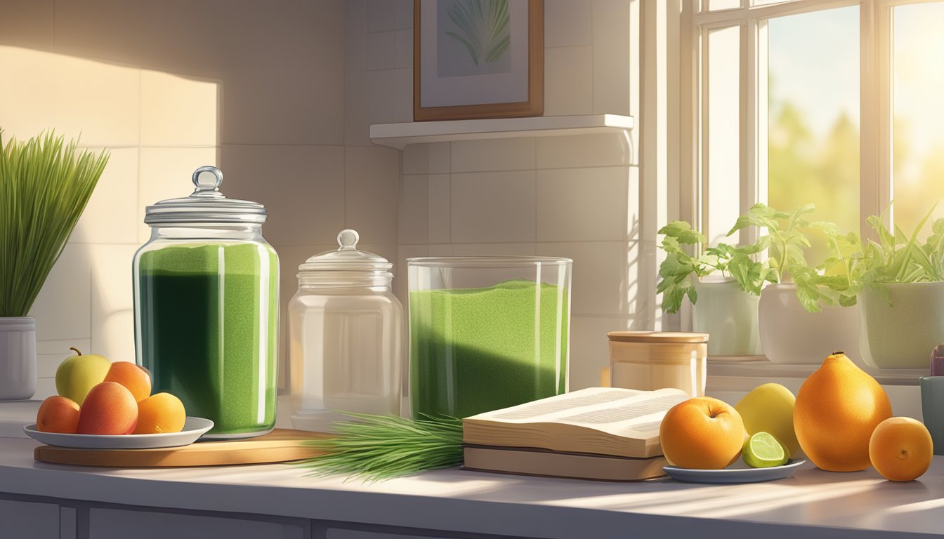 A jar of barley grass powder sits on a kitchen counter next to a stack of cookbooks and a bowl of fresh fruit. The morning sunlight streams in through the window, casting a warm glow over the scene