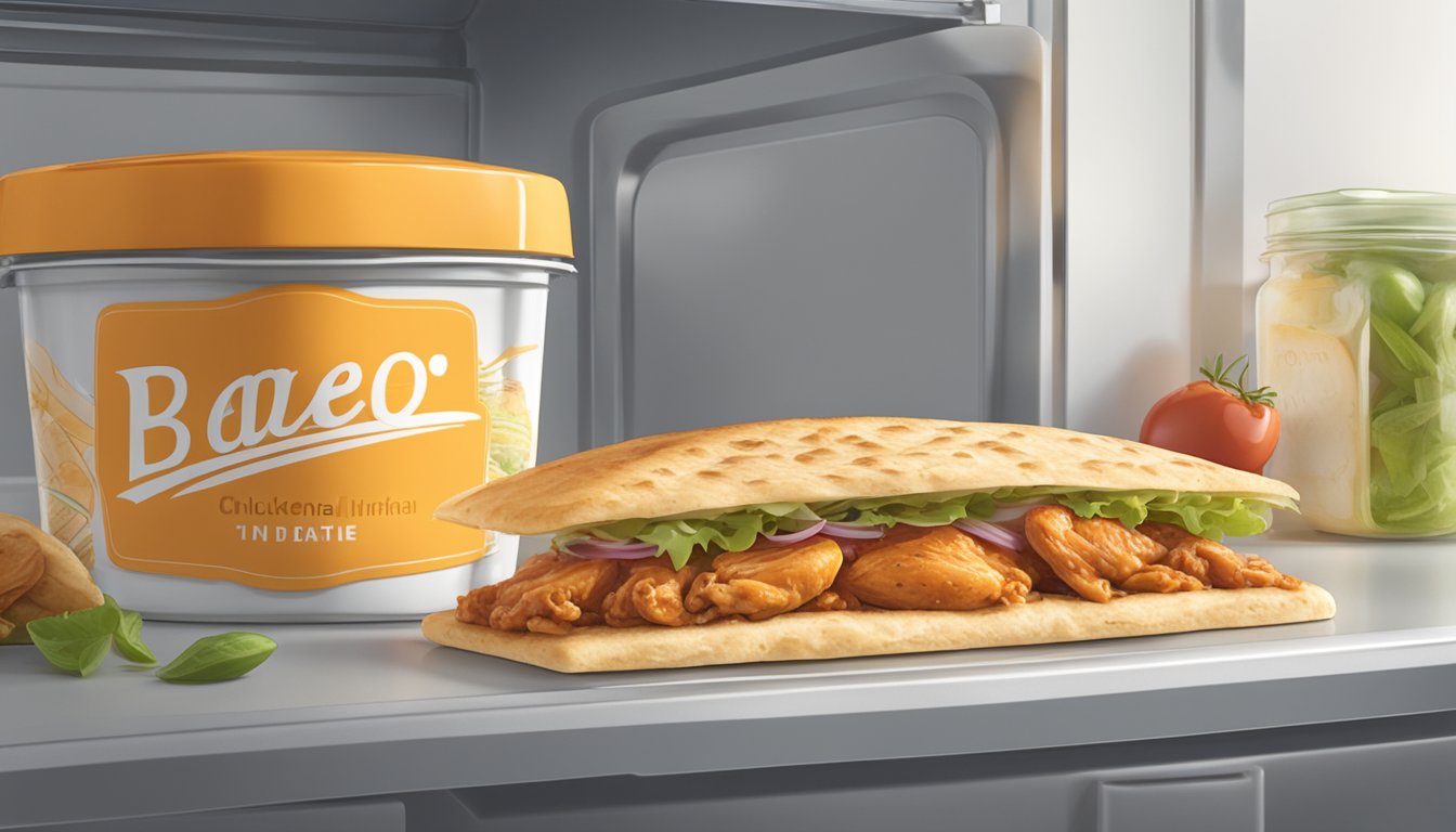 A BBQ chicken flatbread sits on a clean, labeled container in the refrigerator, with a date written on the lid