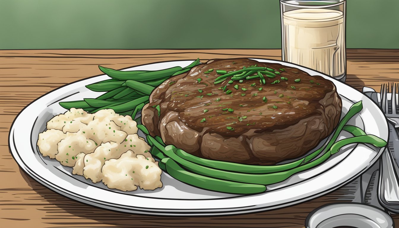 A steaming Salisbury steak meal sits on a plate, surrounded by mashed potatoes and green beans. A timer shows 5 minutes