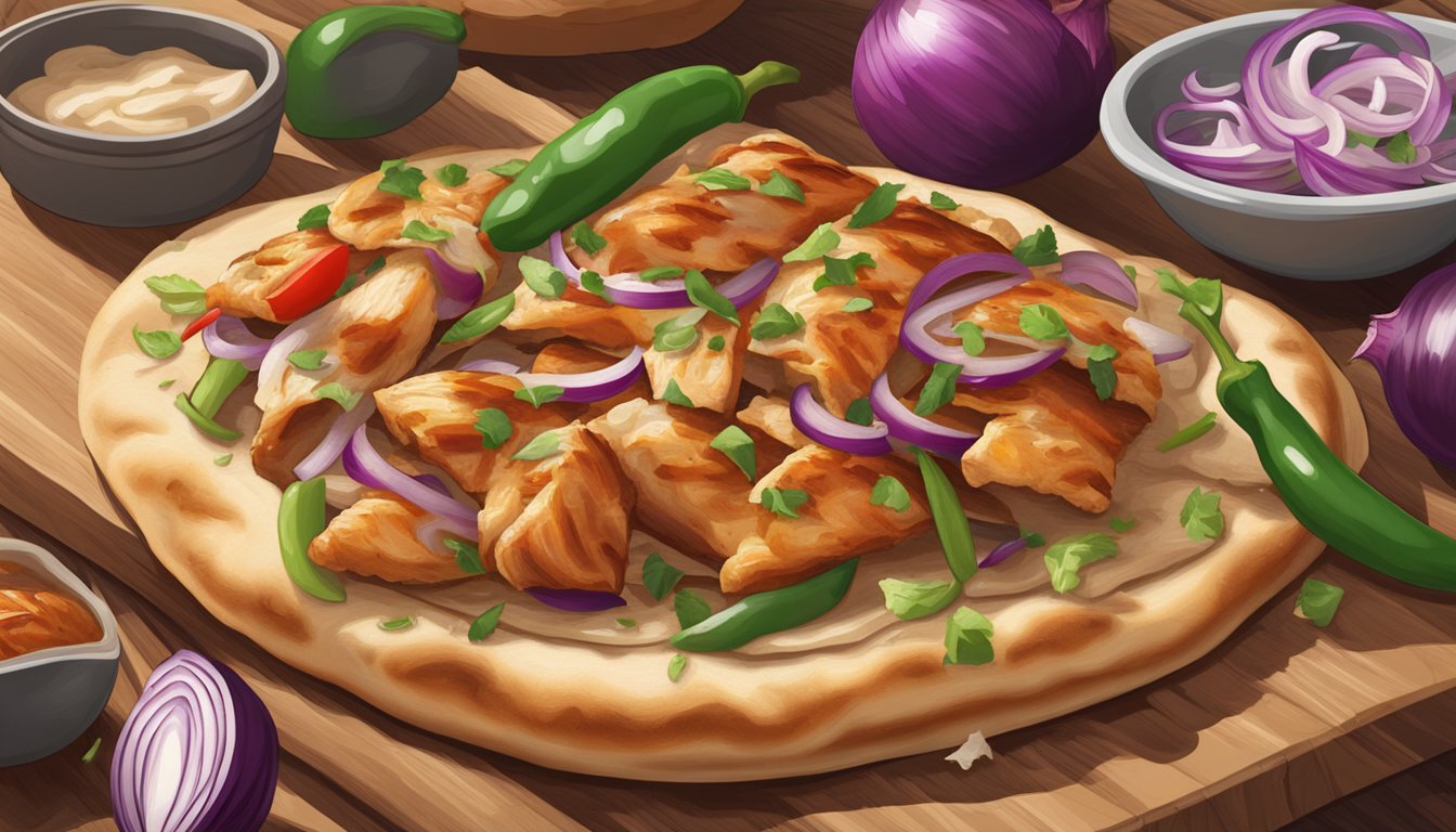 A freshly baked BBQ chicken flatbread sits on a wooden cutting board, topped with vibrant red onions, green peppers, and juicy chunks of grilled chicken, emitting a mouthwatering aroma