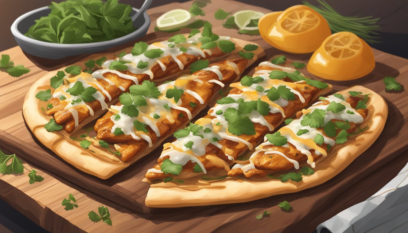 A homemade BBQ chicken flatbread sits on a wooden cutting board, topped with grilled chicken, melted cheese, and fresh herbs, ready to be enjoyed