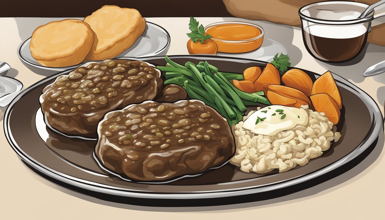 A banquet salisbury steak meal is being carefully prepared and plated for serving