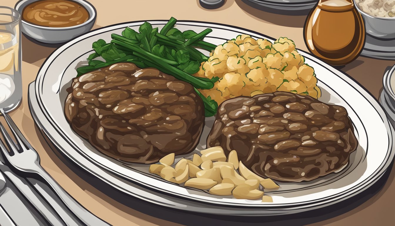 A banquet salisbury steak meal with recommended side dishes sitting on a dinner table