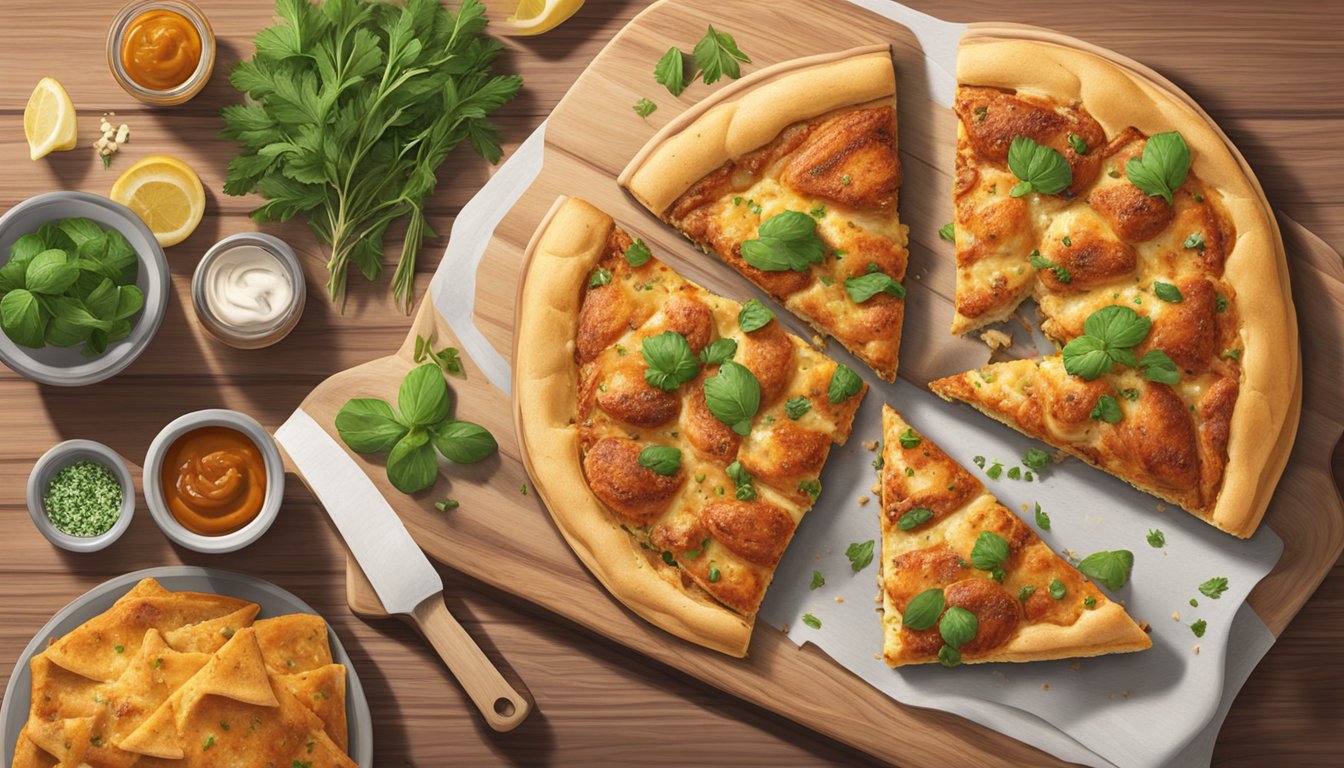 A BBQ chicken flatbread sits on a wooden cutting board, surrounded by fresh herbs and spices. The golden crust is topped with tender pieces of chicken, gooey cheese, and a savory barbecue sauce