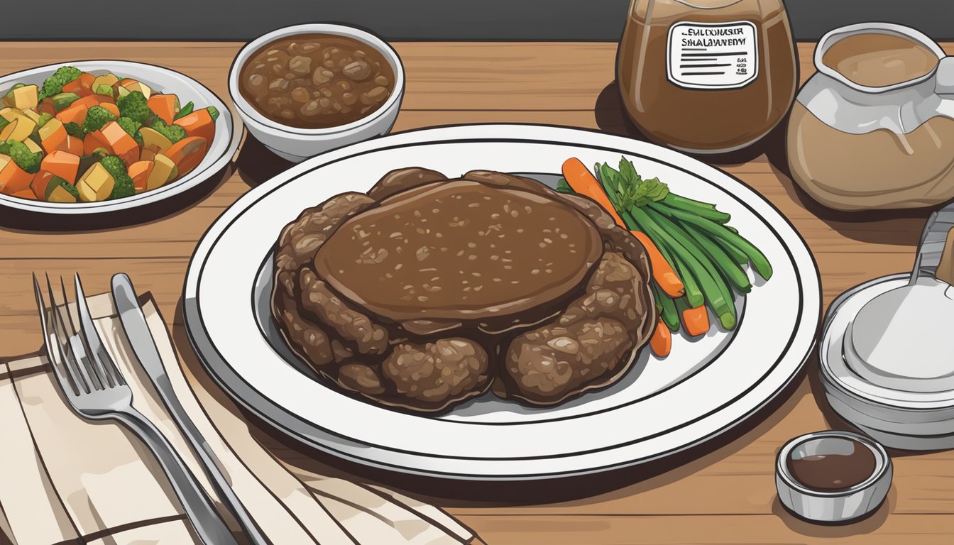 A banquet salisbury steak meal sits on a plate with a side of vegetables, a small container of gravy, and a printed nutritional information label