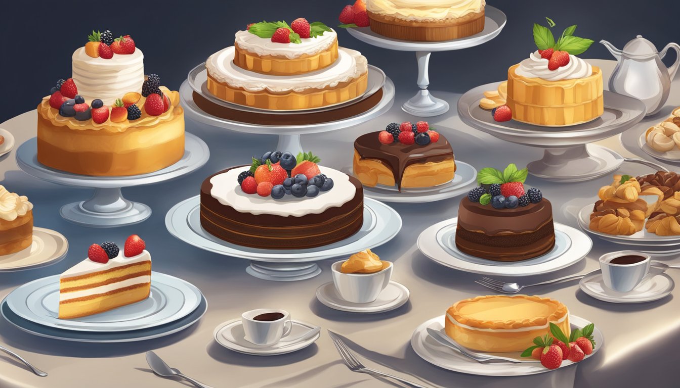 A banquet table set with a variety of dessert options, including cakes, pies, and pastries, to complete the meal