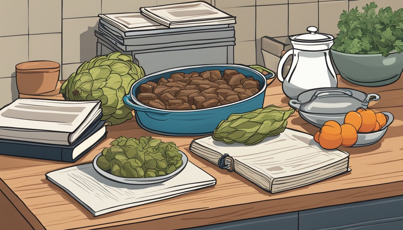 A sealed glass dish of beef and artichoke casserole sits on a kitchen shelf next to a stack of cookbooks. The surrounding area is clean and organized, with no signs of spoilage