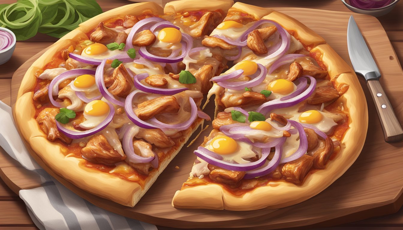 A BBQ chicken pizza sits on a wooden cutting board, with a golden crust, smothered in barbecue sauce, topped with chunks of tender chicken, red onions, and melted cheese