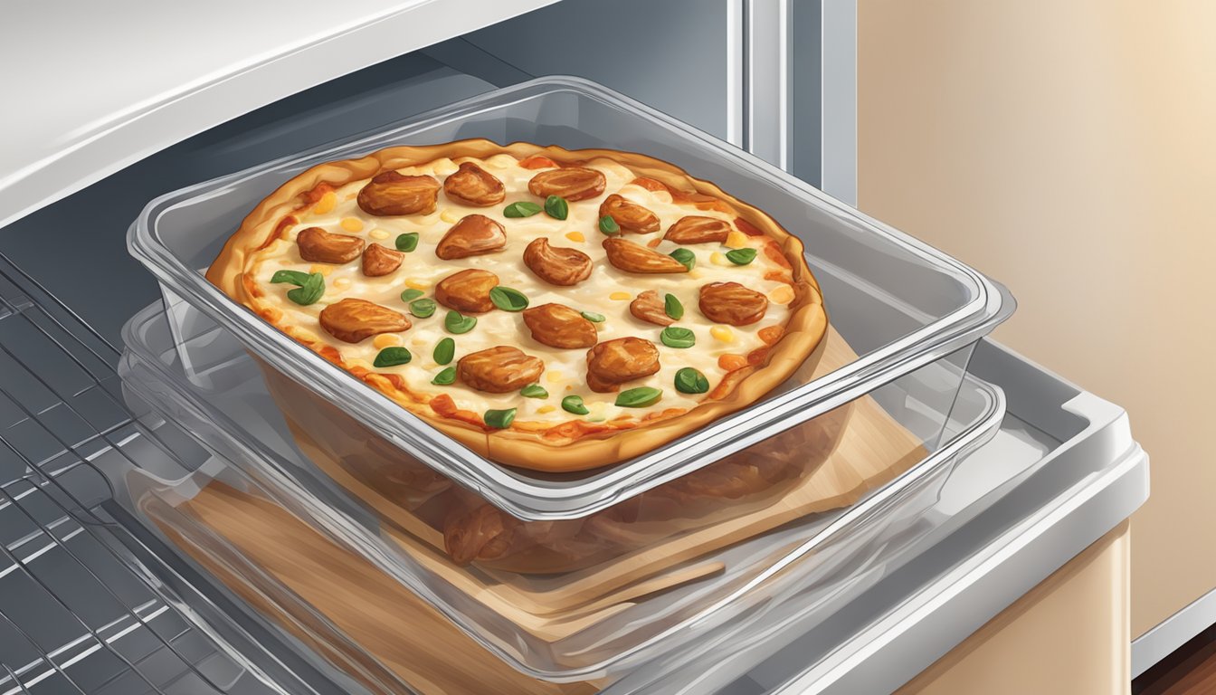 A tightly sealed container holds leftover BBQ chicken pizza in the refrigerator