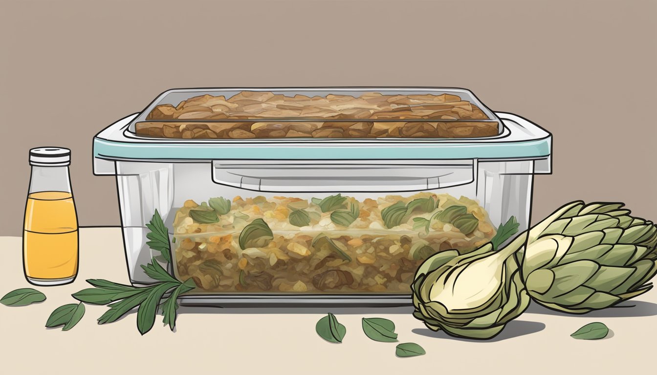 A beef and artichoke casserole sits covered in a refrigerator, with a date label indicating the day it was prepared