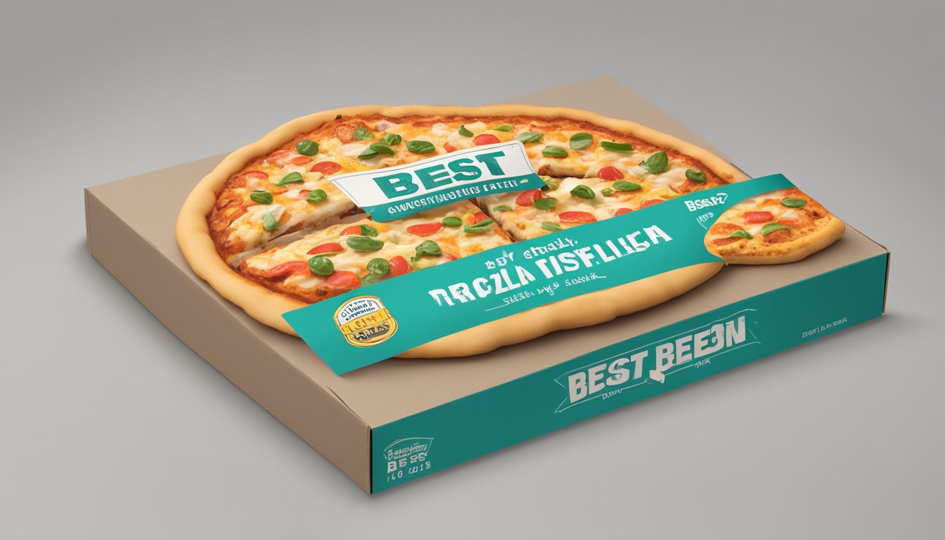 A bbq chicken pizza sits on a shelf, wrapped in plastic, with a "best by" date label visible