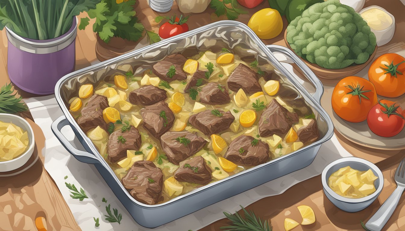 A beef and artichoke casserole sits on a kitchen counter, covered with foil, surrounded by fresh ingredients and a calendar