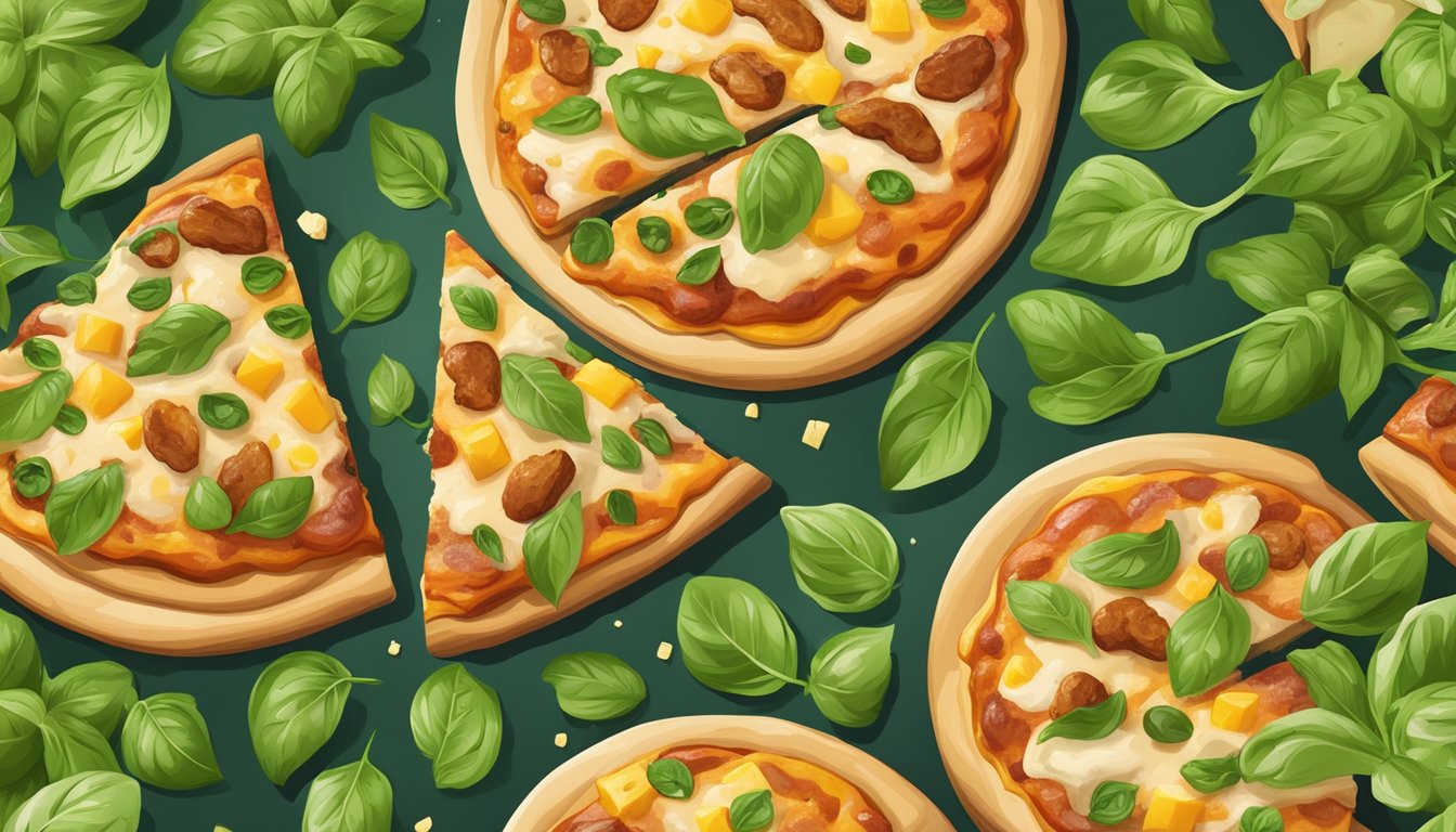 A freshly baked BBQ chicken pizza sits on a wooden cutting board, surrounded by vibrant green basil leaves and sprinkled with golden cheese