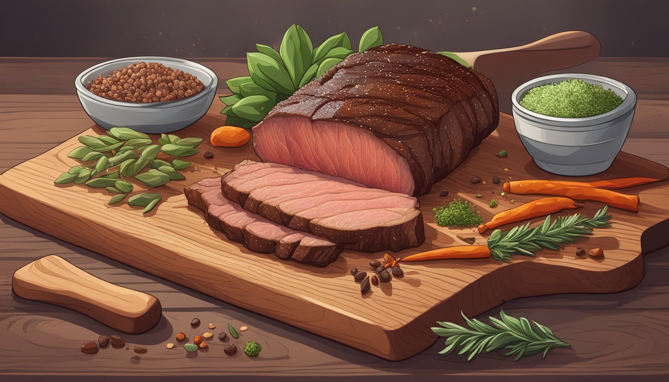 A succulent beef brisket sits on a wooden cutting board, surrounded by spices and herbs. A smoky barbecue grill is visible in the background