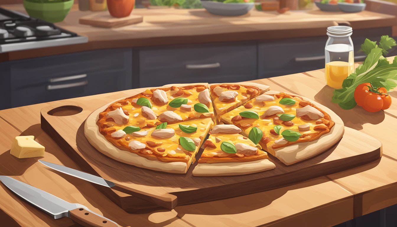 A BBQ chicken pizza sits on a wooden cutting board, topped with melted cheese and diced chicken. A chef's knife and pizza cutter are nearby