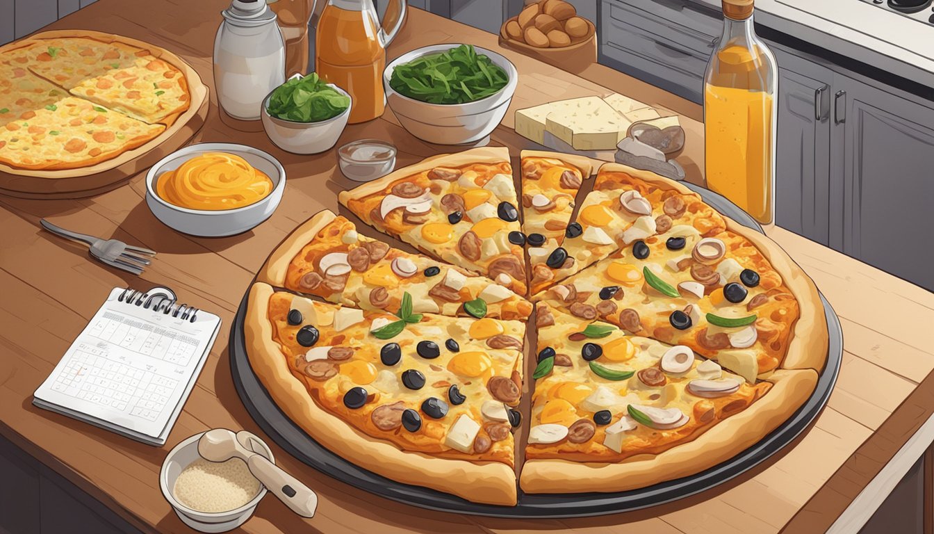 A BBQ chicken pizza sits on a kitchen counter, covered in cheese and slices of chicken. The pizza is surrounded by various ingredients and a calendar on the wall