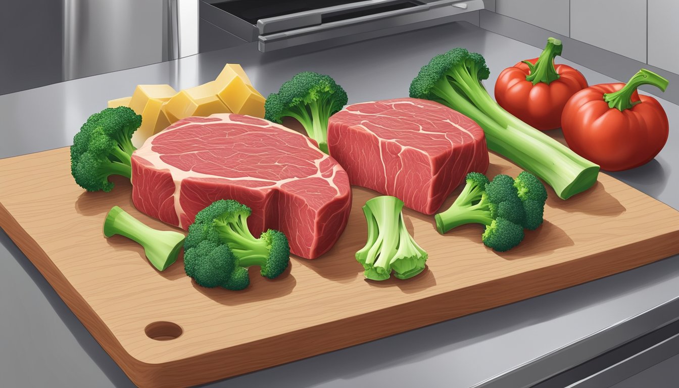 A raw beef steak and fresh broccoli sit on a clean cutting board, surrounded by a refrigerator and food safety guidelines