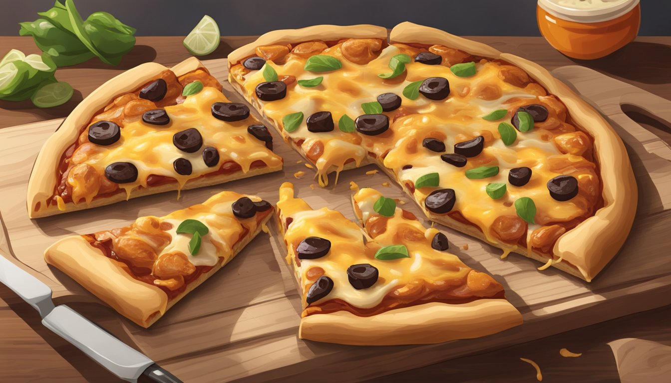 A BBQ chicken pizza sits on a wooden cutting board, covered in melted cheese and barbecue sauce. A few slices have been taken, revealing the toppings underneath