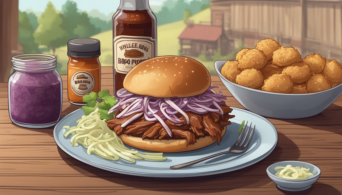 A plate of BBQ pulled pork sits on a wooden table, surrounded by a bottle of BBQ sauce, a side of coleslaw, and a stack of fluffy buns