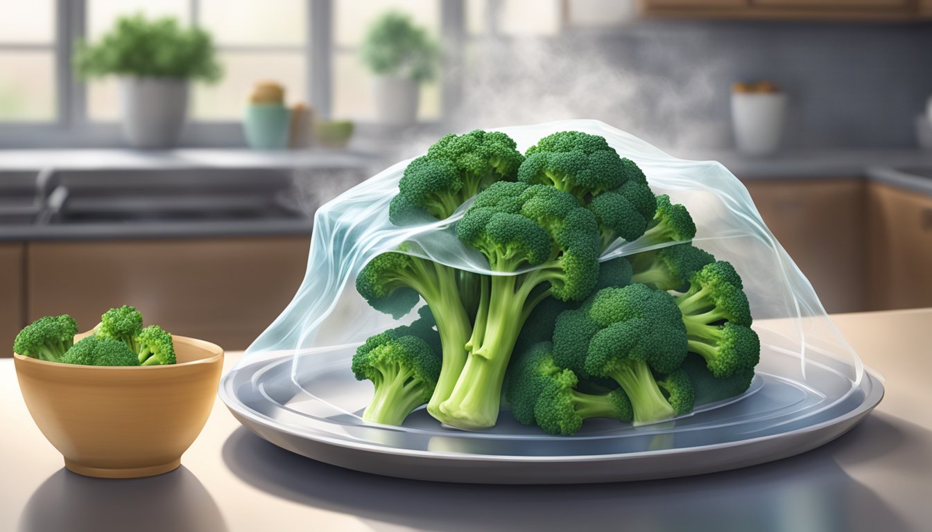 A plate of beef and broccoli sits on a kitchen counter, covered with a clear plastic wrap. The steam rises from the dish, indicating it is freshly cooked