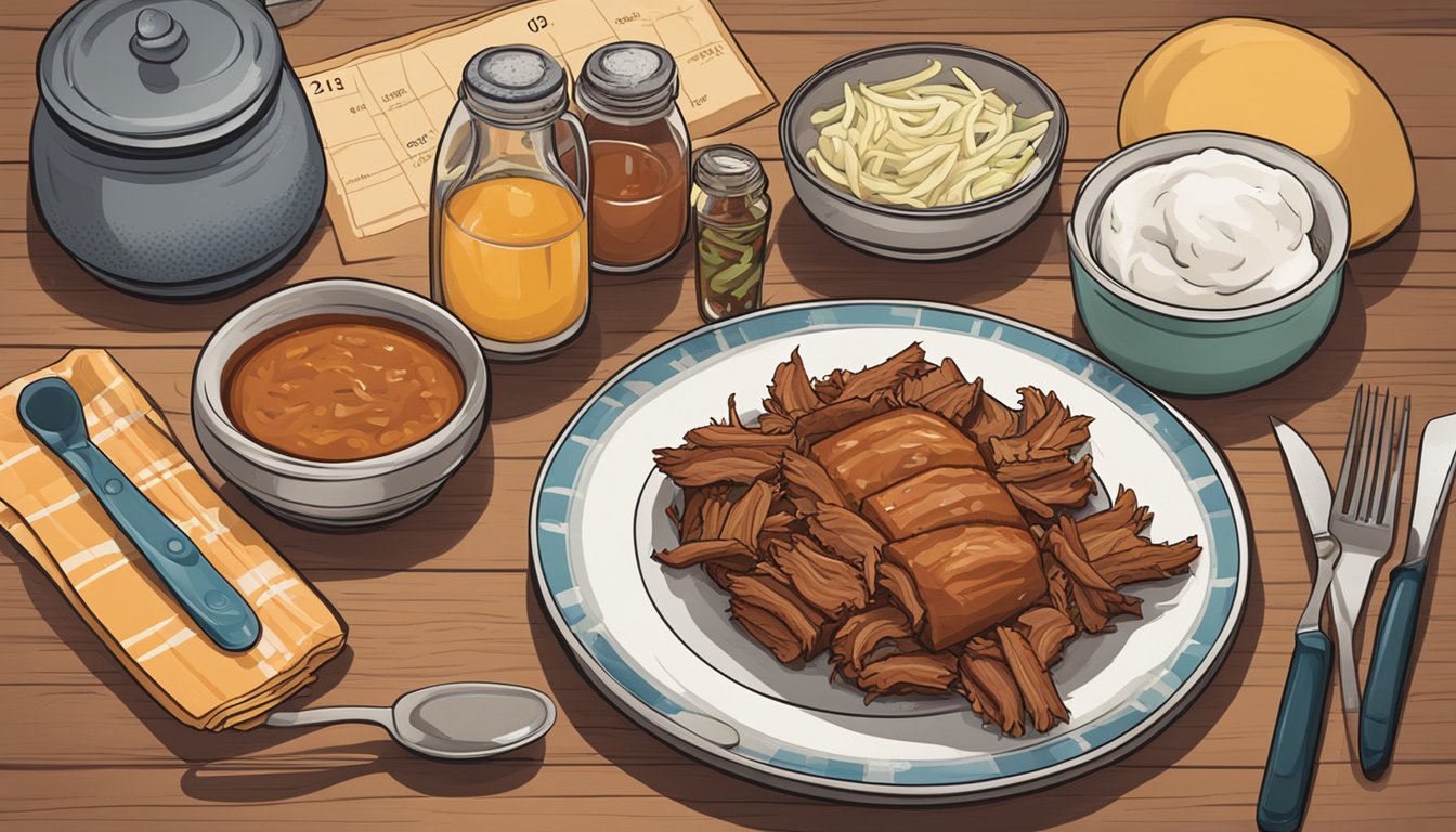 A plate of BBQ pulled pork sits on a kitchen counter next to a calendar showing the current date. The pork is covered in a rich, smoky sauce and is surrounded by various condiments and utensils