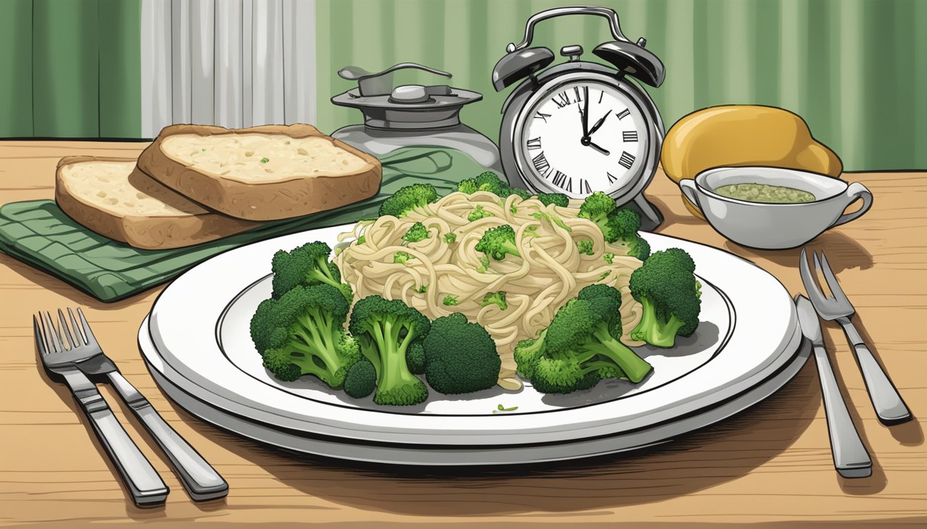 A plate of beef and broccoli alfredo sits on a kitchen counter, surrounded by a calendar and a clock, indicating the passage of time