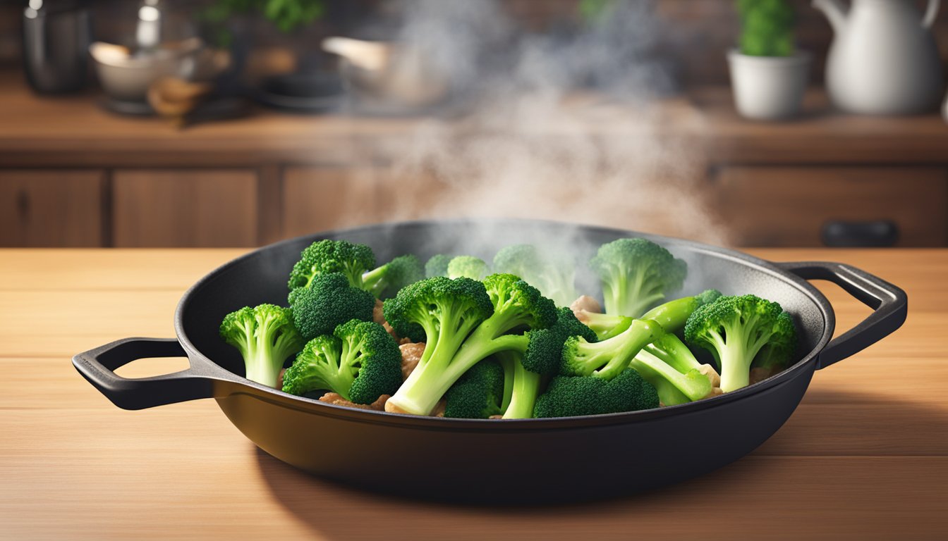 A sizzling skillet of beef and broccoli stir-fry sits on a wooden table, steam rising from the tender meat and vibrant green vegetables