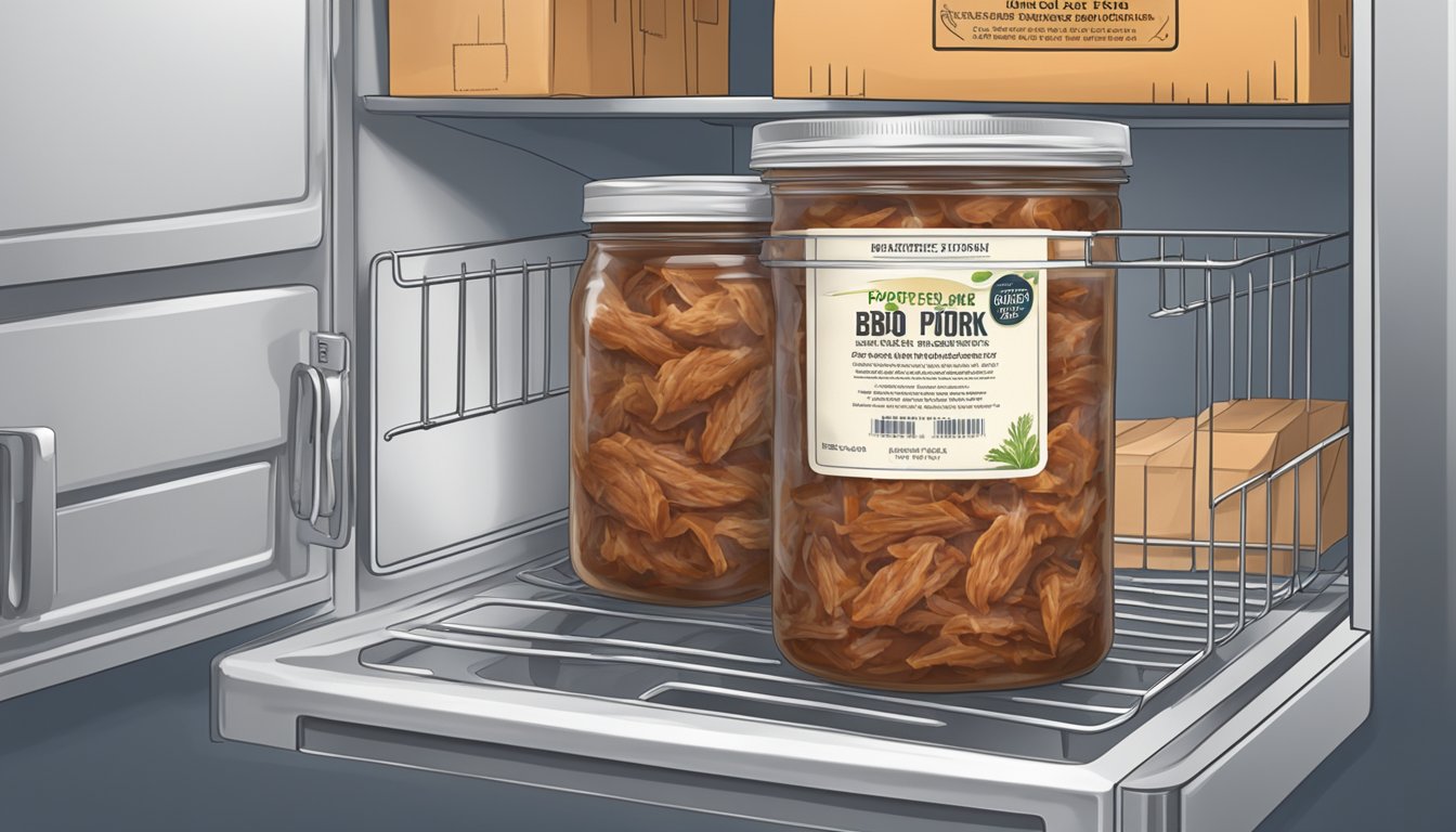 A container of bbq pulled pork sits in a refrigerator, with a label indicating the date it was prepared. The pork is sealed tightly to maintain freshness