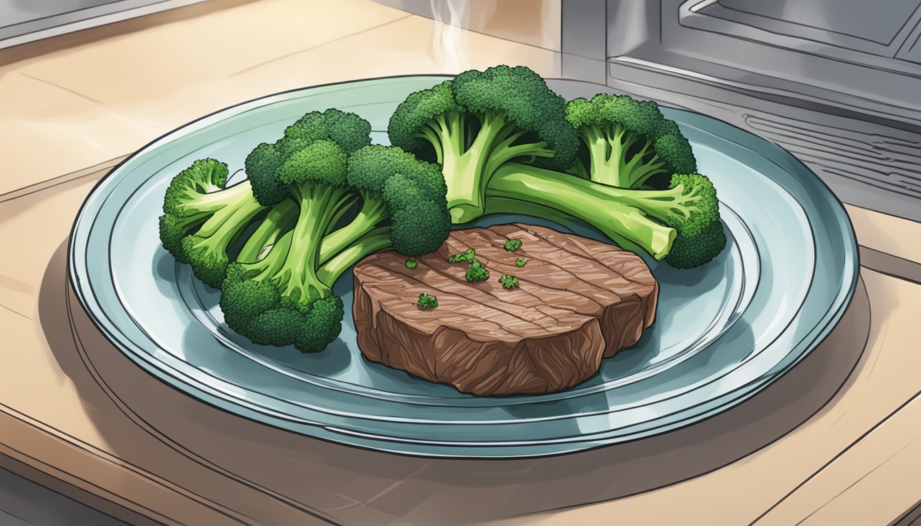 A plate of beef and broccoli sits on a kitchen counter, covered in a clear plastic wrap. The steam rises from the fresh, hot food