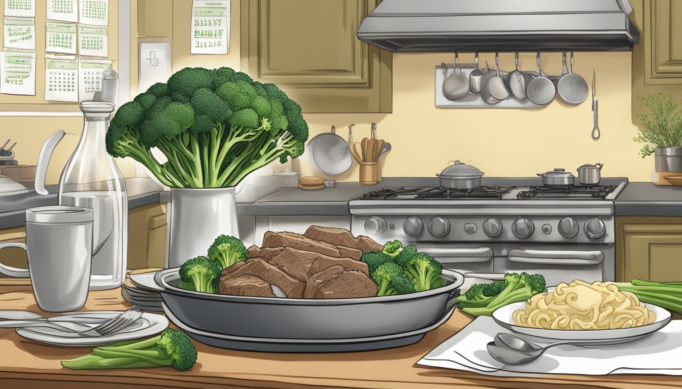 A steaming plate of beef and broccoli alfredo sits on a kitchen table, surrounded by safety labels and a calendar marking the date of preparation